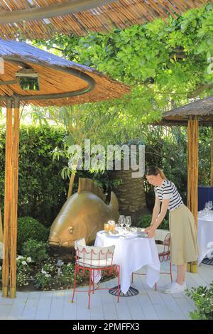 Frankreich, Var, Saint Tropez, Dior des Lices, Café-Restaurant des Dior-Hauses (Menü entworfen von Yanick Alleno) im Garten, entworfen vom Landschaftsarchitekten Peter Wirtz mit einer Fischskulptur von Francois Xavier Lalanne Stockfoto