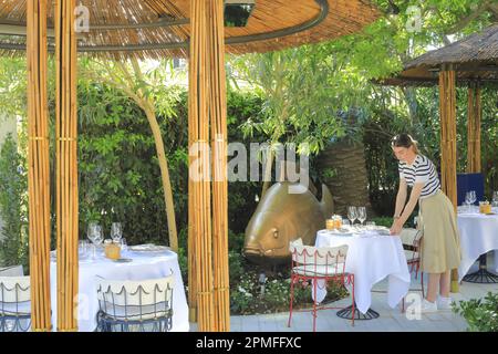 Frankreich, Var, Saint Tropez, Dior des Lices, Café-Restaurant des Dior-Hauses (Menü entworfen von Yanick Alleno) im Garten, entworfen vom Landschaftsarchitekten Peter Wirtz mit einer Fischskulptur von Francois Xavier Lalanne Stockfoto