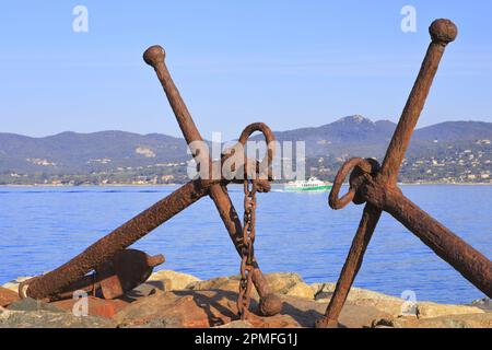 Frankreich, Var, Saint Tropez, Môle Jean Reveille, alte Marineanker mit dem Golf im Hintergrund und ein grüner Seebus von Sainte Maxime Stockfoto