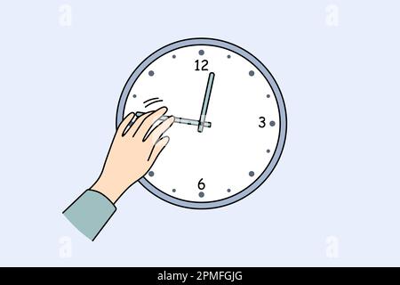 Nahaufnahme einer Person, die die Zeit auf der Uhr ändert und an der Wand hängt. Mann oder Frau wechseln die Hand der Uhr. Zeitmanagement und -Planung. Vektordarstellung. Stock Vektor