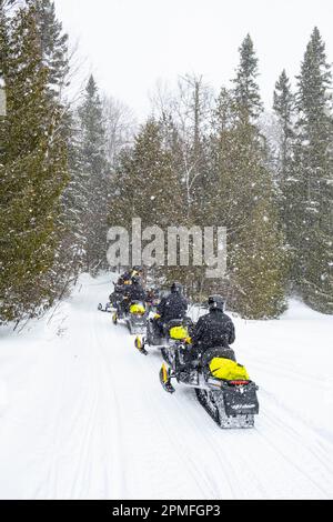 Kanada, Provinz Quebec, Lac Taureau Regional Park, Schneemobil abseits der Piste Stockfoto