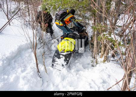 Kanada, Provinz Quebec, Sturz eines Schneemobils abseits der Rennstrecke Stockfoto