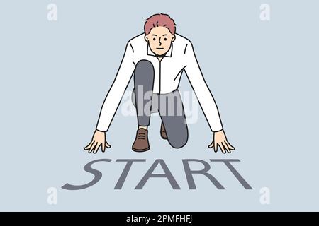 Ein motivierter Geschäftsmann macht sich auf der Straße am Startpunkt bereit. Selbstbewusster männlicher Mitarbeiter bereitet sich auf die Einführung oder das Projekt von Unternehmensgründungen vor. Vektordarstellung. Stock Vektor