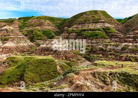 Eine malerische Aufnahme eines Tals in Drumheller mit einer Schicht grünen Grases auf der erodierten Oberfläche Stockfoto