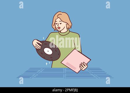 Frau entscheidet sich für Schallplatten, die für Retro-Musiksammler und Liebhaber analoger Audiogeräte erhältlich sind. Das Mädchen sucht klassische Musik vom Lieblingskomposten auf der Plattenmesse für gebrauchte Schallplatten Stock Vektor