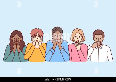 Verängstigte, vielfältige Menschen öffnen den Mund, berühren Gesichter und erleben Schock und Panik. Multiethnische verängstigte Männer und Frauen haben Angst, nachdem sie unerwartete Nachrichten über wirtschaftliche Probleme gehört haben Stock Vektor