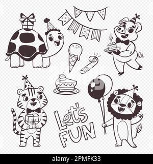 Birthday animals and decorative elements. Four cute animals with gifts and ballons. A turtle, a lion, a tiger and a pig. Cartoon style. Isolated eleme Stock Vektor