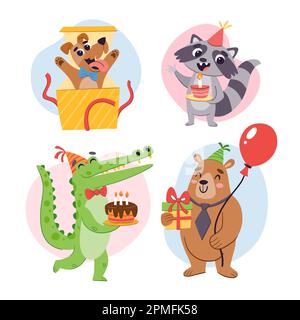 Geburtstagstier-Set. Cartoon niedliche Tiere mit Geschenken, Ballons und Geburtstagskuchen. Bunte Aufkleber, isoliert auf weißem Hintergrund. Ein Hund, ein Waschbär, ein Stock Vektor
