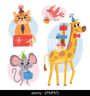 Geburtstagstier-Set. Cartoon niedliche Tiere mit Geschenken und Partyhüten. Bunte Aufkleber, isoliert auf weißem Hintergrund. Eine Katze, ein Vogel, eine Maus und ein Gig Stock Vektor