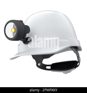 Weißer Schutzhelm oder harte Kappe mit Taschenlampe isoliert auf weißem Hintergrund. 3D Darstellung und Darstellung von Kopfbedeckungen und Handyman-Werkzeugen Stockfoto