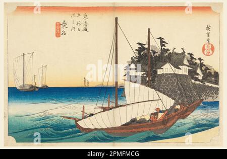 Print, Kuwana, Mündung des Kiso River, in den 53 Stationen der Tokaido Road (Tokaido Gojusan Tsugi-no Uchi); Ando Hiroshige (Japanisch, 1797 - 1858); Japan; Holzblockdruck (Ukiyo-e) auf Maulbeerpapier (Washi), Farbe; 24 x 36,1 cm (9 7/16 x 14 3/16 Zoll). Stockfoto