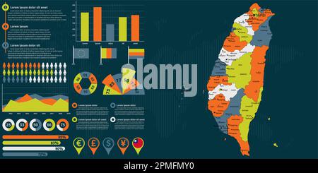 Detaillierte Karte für Taiwan mit Infografiken. Vektordarstellung. Stock Vektor