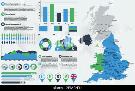 Detaillierte Karte für Großbritannien mit Infografiken. Vektordarstellung. Stock Vektor