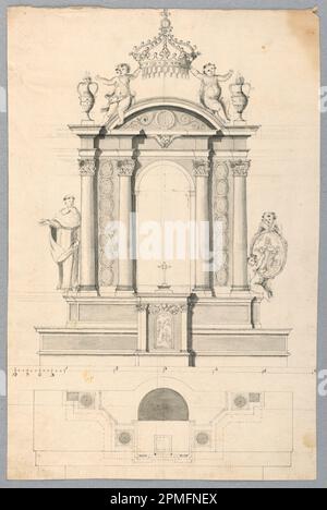 Zeichnung, The Elevation of an altar Retable und der Plan for an altar Retable; Italien; schwarze Kreide, Stift und schwarze Tinte, Pinsel und graue und schwarze Aquarelle auf liegendem Papier. Stockfoto