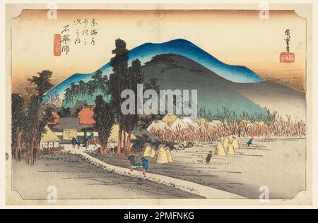 Woodblock Print, Ishiyakushi-Tempel, an den 53 Stationen der Tokaido Road (Tokaido Gojusan Tsugi-no Uchi); Ando Hiroshige (Japanisch, 1797 - 1858); Japan; Holzblockdruck (Ukiyo-e) auf Maulbeerpapier (Washi); 24,1 x 36,1 cm (9 1/2 x 14 3/16 Zoll) Stockfoto