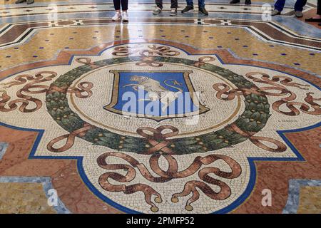 MAILAND, ITALIEN - 10. MAI 2018: Dies ist das Mosaikwappen von Turin auf dem Boden der Galerie Victor Emmanuel II. Stockfoto