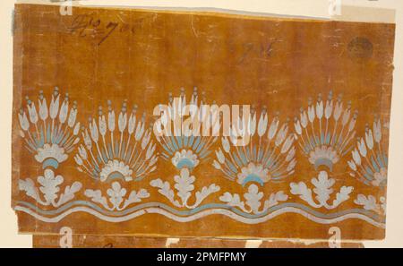 Zeichnung, Design for an Stickerei oder Gewebter horizontaler Rand; Frankreich; Pinsel und hellblauer, weißer Gouache auf glasiertem Plättchenpapier; 17,1 x 28,5 cm (6 3/4 x 11 1/4 Zoll) Stockfoto