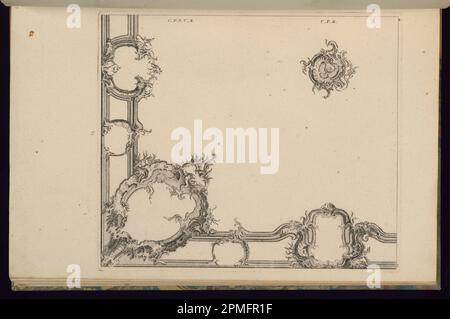 Print, Design for a Quarter of a ceiling; entworfen von Francois de Cuvilliés the Elder (Belgien, aktives Deutschland, 1695-1768); Deutschland; Ätzen und Gravieren auf cremefarbenem Lagepapier; Platemark: 31,2 x 26,8 cm (12 5/16 x 10 9/16 Zoll) Blatt: 44 x 28,6 cm (17 5/16 x 11 1/4 Zoll) Stockfoto