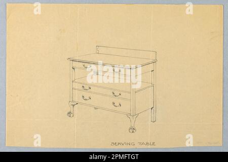 Zeichnung, Design für Serviertisch mit vier Schubladen auf Kugel- und Klauenfüßen; entworfen von A.N. Davenport Co.; Graphit auf dünnem, cremefarbenem Papier; 7 1/8 x 10 7/8 Zoll (18,1 x 27,6 cm) Stockfoto