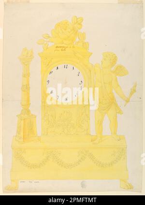 Zeichnung, Design for Clock; hergestellt von Lefebvre Manufactory, Tournai; Belgien; Graphit, Stift und schwarze Tinte, Pinsel und gelb, braun, wasserfarben auf weißem Lagepapier; 45 x 33,5 cm (17 11/16 x 13 3/16 Zoll) Stockfoto