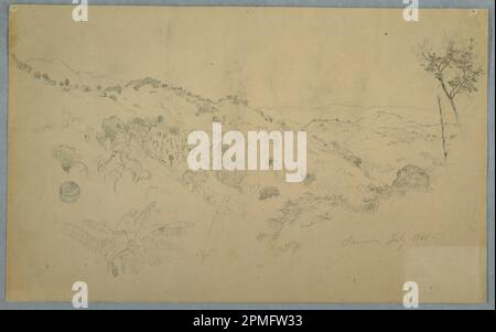 Zeichnung, Waldtal mit großen Fern- und Bergketten, Jamaika; Frederic Edwin Church (amerikanisch, 1826–1900); Jamaika; Graphit auf cremefarbenem, schwerem gewebtem Papier; Blatt: 27,5 x 44,5 cm (10 13/16 x 17 1/2 Zoll) Stockfoto