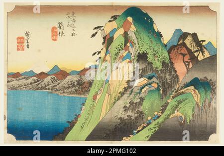 Print, Hakone Lake, an den 53 Stationen der Tokaido Road (Tokaido Gojusan Tsugi-no Uchi); Ando Hiroshige (Japanisch, 1797 - 1858); Japan; Holzblockdruck in farbiger Tinte auf Papier; 23,7 x 36,4 cm (9 5/16 x 14 5/16 Zoll) Stockfoto