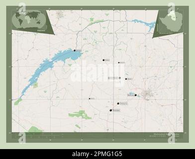 West-Maschonaland, Provinz Simbabwe. Straßenkarte Öffnen. Standorte und Namen der wichtigsten Städte der Region. Eckkarten für zusätzliche Standorte Stockfoto