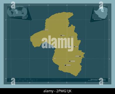 West-Maschonaland, Provinz Simbabwe. Durchgehende Farbform. Standorte und Namen der wichtigsten Städte der Region. Eckkarten für zusätzliche Standorte Stockfoto