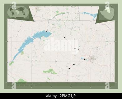 West-Maschonaland, Provinz Simbabwe. Straßenkarte Öffnen. Standorte der wichtigsten Städte der Region. Eckkarten für zusätzliche Standorte Stockfoto
