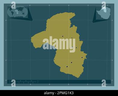 West-Maschonaland, Provinz Simbabwe. Durchgehende Farbform. Standorte der wichtigsten Städte der Region. Eckkarten für zusätzliche Standorte Stockfoto