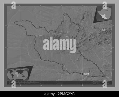 Matabeleland Süd, Provinz Simbabwe. Bilevel-Höhenkarte mit Seen und Flüssen. Standorte und Namen der wichtigsten Städte der Region. Ecken-auxil Stockfoto