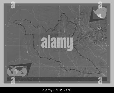 Matabeleland Süd, Provinz Simbabwe. Grauskala-Höhenkarte mit Seen und Flüssen. Eckkarten für zusätzliche Standorte Stockfoto