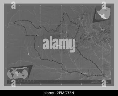 Matabeleland Süd, Provinz Simbabwe. Grauskala-Höhenkarte mit Seen und Flüssen. Standorte und Namen der wichtigsten Städte der Region. Ecke Zusatzgeräte Stockfoto