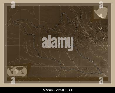 Matabeleland Süd, Provinz Simbabwe. Höhenplan in Sepia-Tönen mit Seen und Flüssen. Eckkarten für zusätzliche Standorte Stockfoto