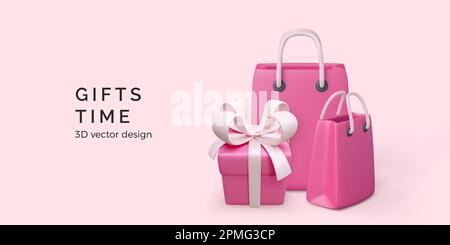 Rosafarbene Geschenkbox und Papiertasche. 3D pinkfarbene Einkaufstasche und Geschenkbox mit Band. Banner für Weihnachtsangebote im realistischen Cartoon-Stil. Vektordarstellung Stock Vektor