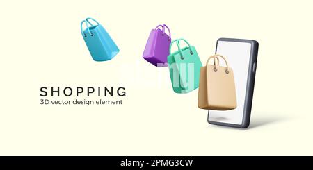 Online-Shopping-Konzept. Smartphone und fliegende Einkaufstaschen. 3D-Cartoon-Design. Online-Shop für mobile Apps und Lieferservice. Vektordarstellung Stock Vektor