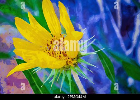 Ein digitales Aquarellgemälde mit kleinen, Gänseblümchen-ähnlichen Blumen mit langen, dünnen Blütenblättern in Gold- und Brauntönen Stockfoto