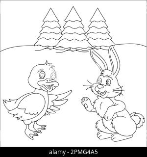 Ente und Kaninchen reden über Malseiten. Malbuch für Kinder Stock Vektor