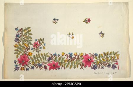 Zeichnen, Blumendesign für bedruckte Textilien; entworfen von Louis-Albert DuBois (Schweiz, 1752–1818); Frankreich; Pinsel und Gouache, Graphit auf grünem gewebtem Papier; 23,8 x 39 cm (9 3/8 x 15 3/8 Zoll) Stockfoto