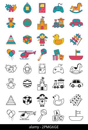 Farb- Und Schwarz-Weiß-Spielzeugkollektion Mit Vektorsymbolen Stock Vektor