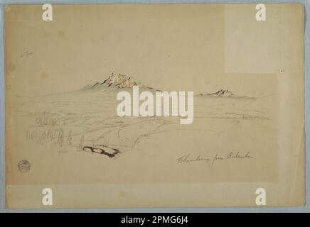 Zeichnung, Mount Chimborazo, Blick von Riobamba, Ecuador; Frederic Edwin Church (amerikanisch, 1826–1900); Ecuador; Graphit, Pinsel und oxidierter weißer Gouache auf pufffarbenem gewebtem Papier; Blatt: 31,5 x 45,8 cm (12 3/8 x 18 1/16 Zoll) Stockfoto