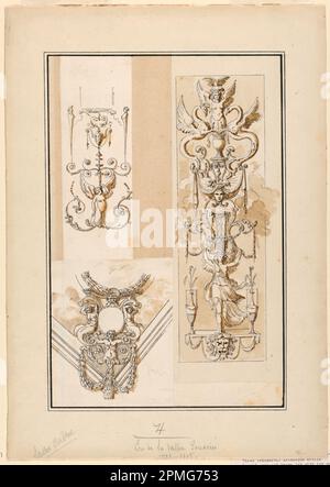 Zeichnung, Design für arabische Ziermotive; entworfen von Etienne de Lavallée-Poussin (Französisch, 1735–1802); Frankreich; Stift und braune Tinte mit Tinte zum Waschen, Graphit auf Papier; 31,1 x 20,6 cm (12 1/4 x 8 1/8 Zoll) Stockfoto