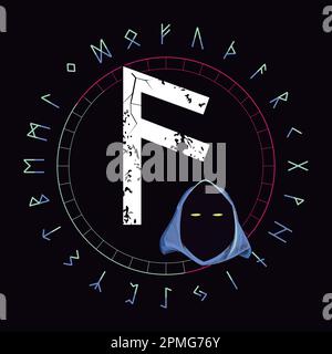 Design für ein T-Shirt mit dem Runenbuchstaben Ansuz neben einem Wikingerschäkel. Kapuzenfigur mit glühenden Augen. Runenalphabet für Poster. Stock Vektor