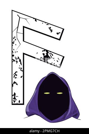 Design für ein T-Shirt mit dem Runenbuchstaben Ansuz neben einem Wikingerschäkel. Kapuzenfigur mit glühenden Augen. Runenalphabet für Poster. Stock Vektor