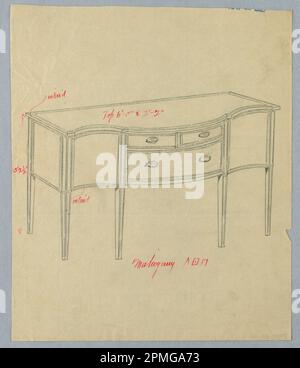 Zeichnung, Design für Sideboard mit Schlangenfront und drei Schubladen; entwickelt von A.N. Davenport Co.; Graphit, Stift und rote Tinte auf dünnem cremefarbenem Papier; 25,1 x 21,0 cm (9 7/8 x 8 1/4 Zoll) Stockfoto