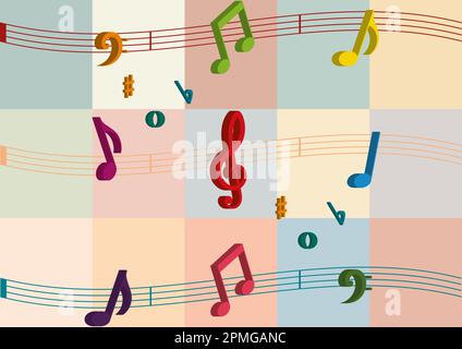 3D bunte Noten. Bunte Noten. Taste „Sol“ Stock Vektor