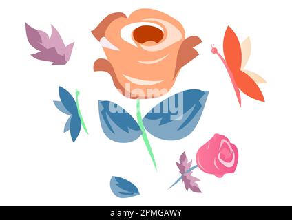 Abstraktes Blumendesign. Rosen, Schmetterlinge, Aquarelle. Vektordarstellung Stock Vektor