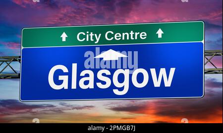 Straßenschild in Richtung Glasgow. Stockfoto