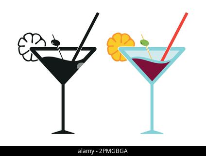 Schwarzweißes und farbiges Sommercocktail-Symbol isoliert auf weißem Hintergrund Stock Vektor