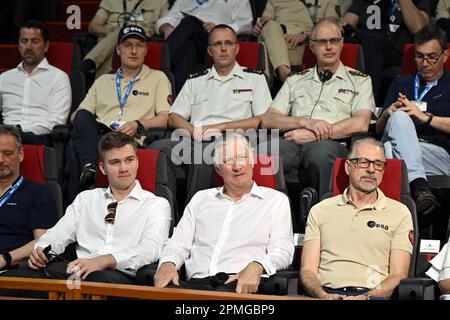 Cayenne, Frankreich. 13. April 2023. Prinz Gabriel, König Philippe - Filip von Belgien und ESA-Generaldirektor Josef Aschbacher, das Bild eines königlichen Besuchs anlässlich des Starts der ESA-Jupiter-Icy-Moons-Explorer-Mission „Juice“ vom Guayana Space Centre in Kourou, Französisch-Guayana, Frankreich, am Donnerstag, den 13. April 2023. BELGA FOTO ERIC LALMAND Kredit: Belga News Agency/Alamy Live News Stockfoto